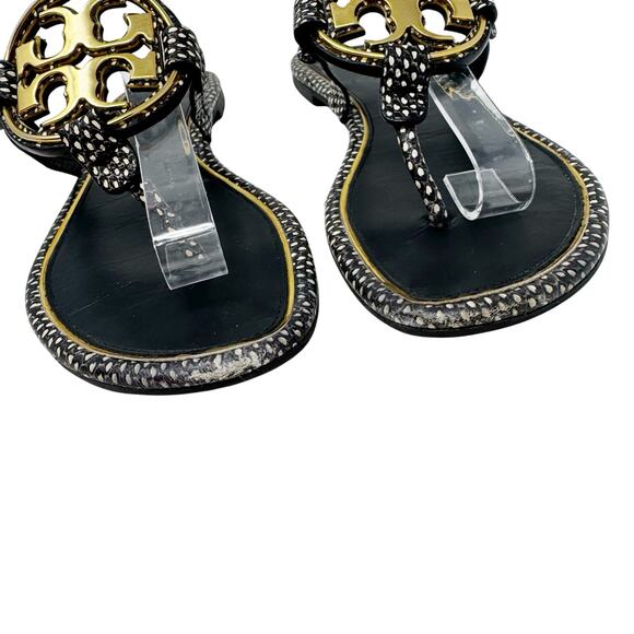 TORY BURCH Black Reptile Snake Gold Metallic Metal Miller Sandal Size 7 - Picture 2 of 10